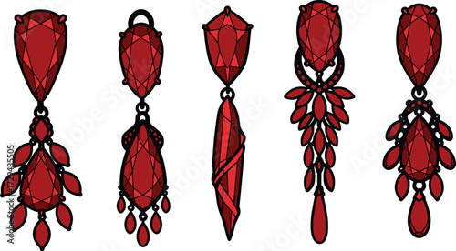 Luxury red gemstone earrings, ornate teardrop jewelry, elegant oval stone design, black metal fashion accessory, bridal statement earrings, festive glamour