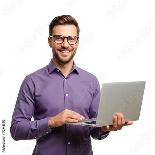 Smiling man in glasses wearing a purple shirt holding a laptop and looking at the camera, isolated on white background