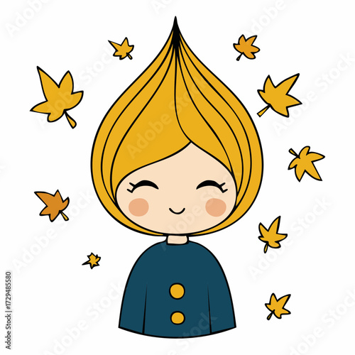 autumn maple fate weaver tiny sorcerer with maple leaf hair glowing eyes twig staff leaf runes seasonal fantasy character for stickers children's books branding and editorial use