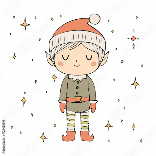 hot cocoa snow elf fuzzy mittens steam-swirled hair candy apple red eyes perched on marshmallow mug festive winter treat mascot for stickers holiday packaging children's books and cafe branding