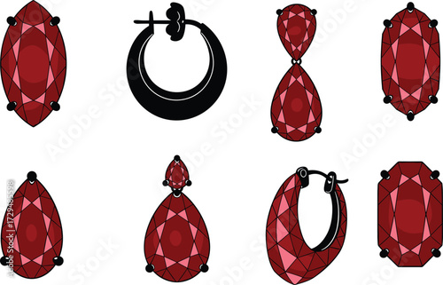 Black metal earrings, red gemstone jewelry, marquise cut, teardrop design, hoop earrings, faceted stones, elegant accessories, fashion statement, luxury style