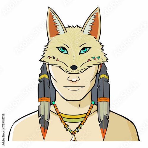 frostbitten fox shaman fox-eared chibi with scribble fur frost tips electric teal eyes snowflake totem winter spirit mascot for stickers children's books game assets and nature branding