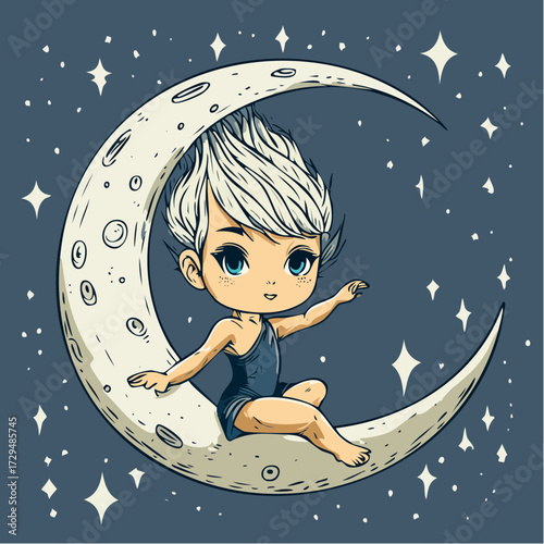 harvest moon acrobat wheat-straw scribble hair glowing navy eyes crescent moon balance wheat motif seasonal performance mascot for autumn festivals stickers children's books and event branding
