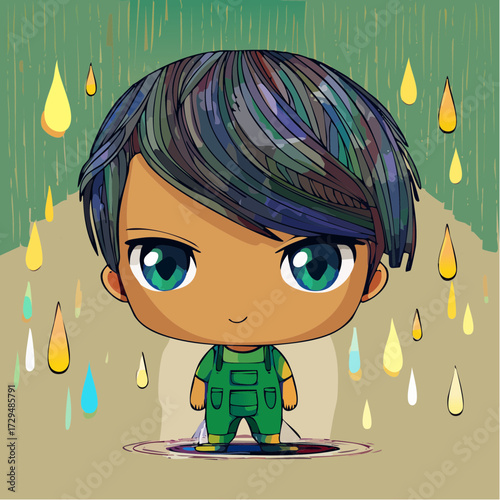 autumn rain painter raindrop scribble hair turquoise eyes floating sketchbook doodled watercolor leaves creative seasonal artist character for editorial stickers prints and educational art materials