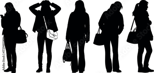 PrintSilhouette of Stylish People with Bags in Urban Poses for Fashion, Lifestyle, Shopping, and Modern Human Behavior Concept Design