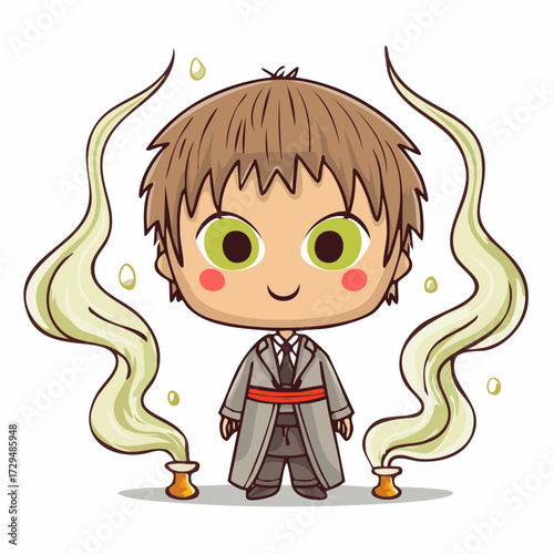 golden cider alchemist cider-steam scribble hair lime green eyes spiced potion mixing whimsical seasonal brewer character for beverage branding stickers recipe cards and festival merchandise