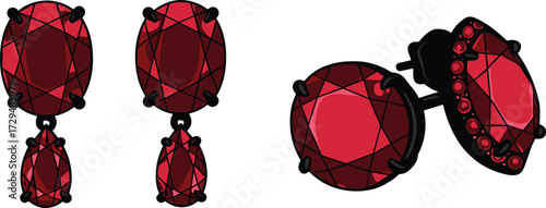 Elegant red gemstone earrings, teardrop and oval cut, luxury jewelry design, black prong setting, fashion accessory, sparkling crystal studs