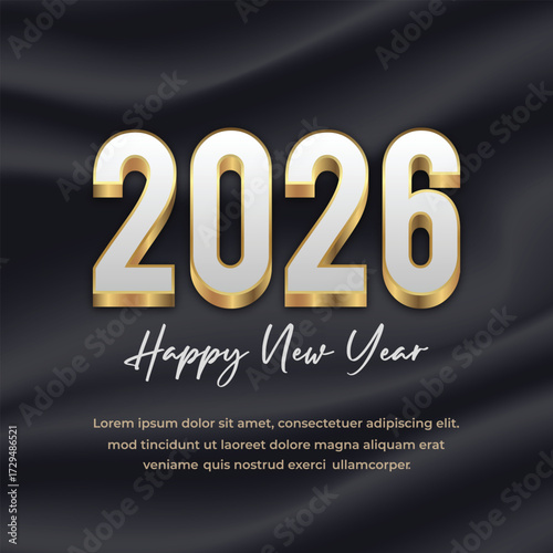 Golden metallic 2026 happy new year on black fabric background