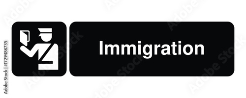 Immigration pictogram with officer and passport with Explanation – minimal signage icon for border control, airport checkpoints, and civic wayfinding systems – High-Quality Vectorial Stock Image