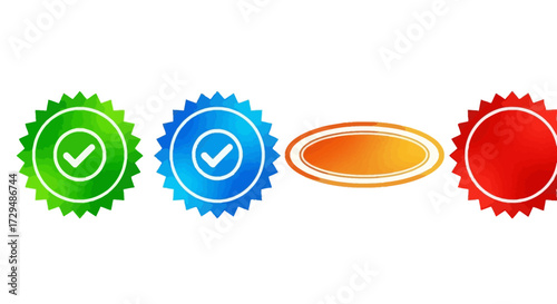 Various award badges and seals of approval representing quality assurance and certification marks for products and services