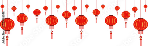 Row of Traditional Red Chinese Lanterns Hanging with Tassels: Festive Vector Illustration for Lunar New Year, Isolated on White Background Symbolizing Prosperity and Joy