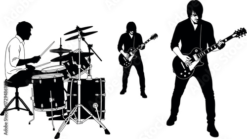Silhouette rock band performing live with electric guitars and drum set, energetic concert scene for music, entertainment, and event themes