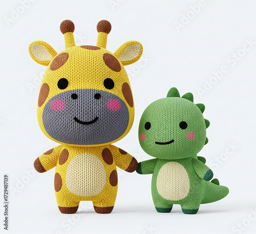 Cute Knitted Giraffe and Dinosaur Plush Toys Holding Hands