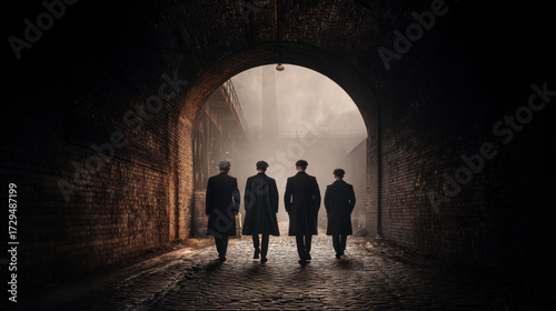 The birmingham mafia emerges industrial era gangsters walking under railway arches gritty urban scene dramatic perspective