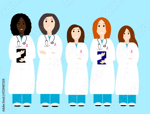 Design for Breast Cancer Awareness Month with doctors wearing pink ribbons as a sign of solidarity
