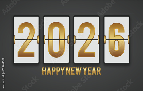 2026 Happy New Year Flip Countdown Design with Gold Numbers