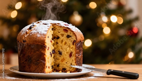 Warm festive panettone dusted with sugar, steam rising while placed on wooden table beside a knife, symbolizing cozy Christmas atmosphere, sweet traditions and joyful holiday sharing
