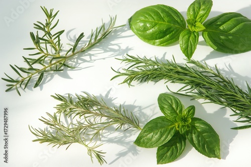 Green fresh herbs on a plai...