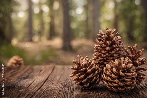 Close-up of ripe cedar cones with a rich yield of pine nuts and valuable cedar oil production, abstract backdrop, focused detail.
