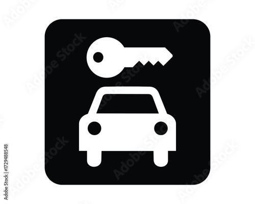 Car Rental DOT Pictogram – Front-Facing Vehicle with Key Symbol for Transportation Signage High-Quality Vectorial Stock Image