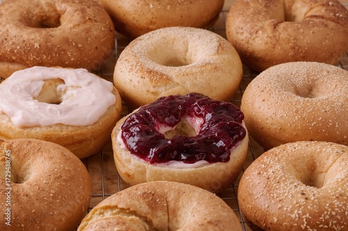 Warm bagels topped with cre...