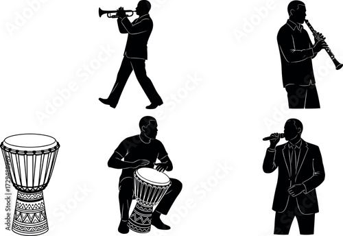 Silhouettes of musicians playing trumpet, clarinet, djembe drum, and singing with microphone — vector icons for music and performance themes