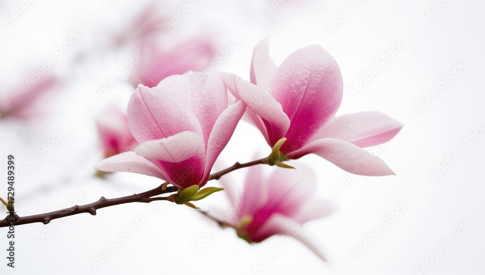 Obraz premium Delicate pink magnolia flowers blooming in spring against a white backdrop with soft focus.