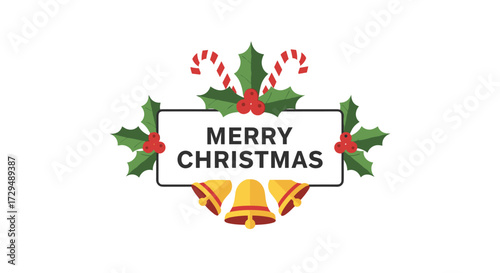 Festive Merry Christmas Bells and Holly Decorations
