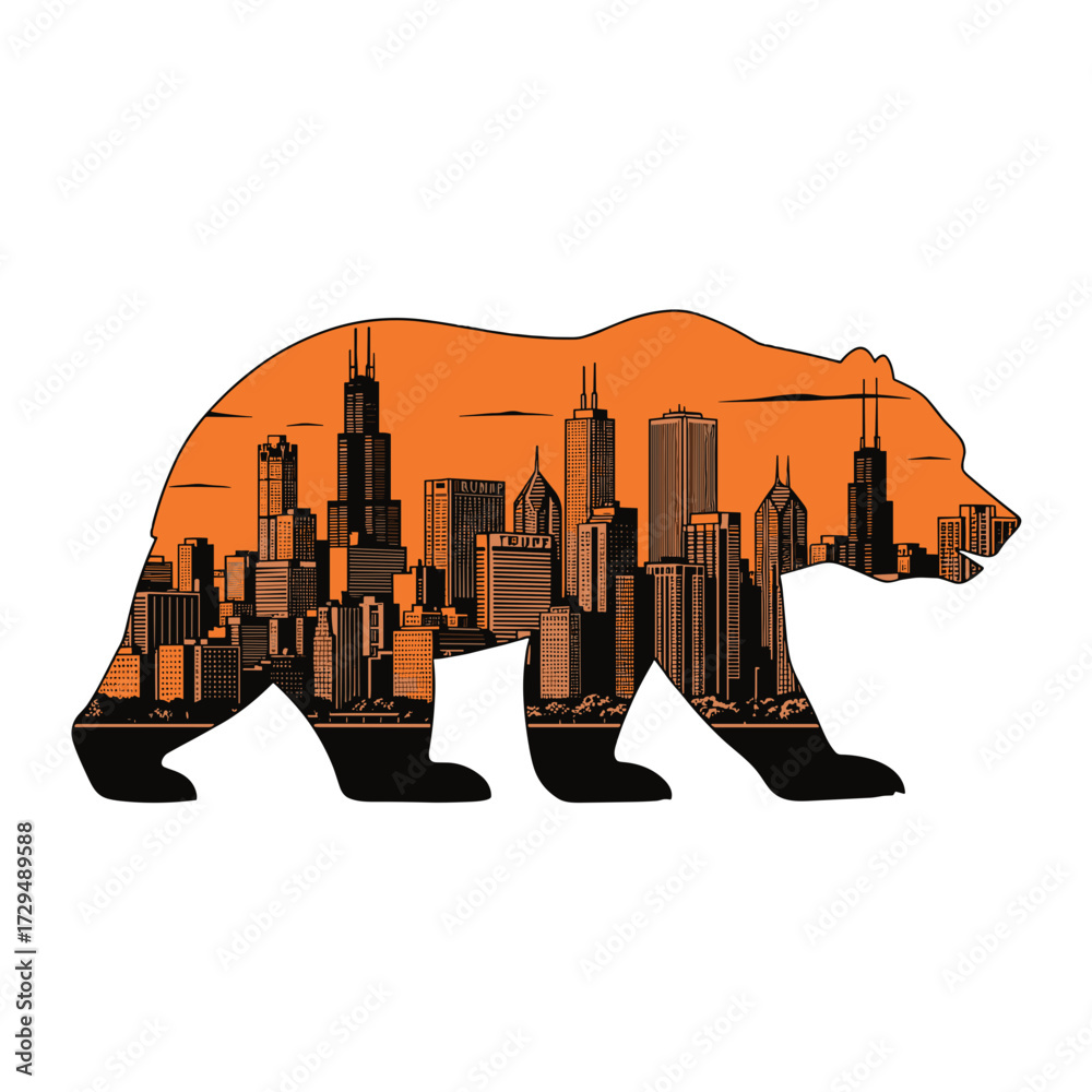 Fototapeta premium chicago bear, chicago skyline bear, chicago double exposure, bear silhouette skyline, chicago city art, modern chicago design, geometric bear, urban bear art, chicago downtown, chicago symbol, city an