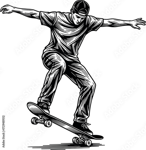 Skateboarder performing aerial trick in urban style, dynamic black and white vector illustration for extreme sports, youth culture, and action design.