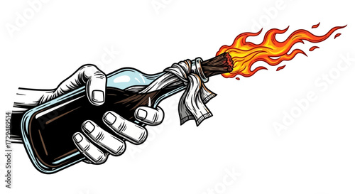 Illustration of a Hand Holding a Flaming Molotov Cocktail a Symbol of Protest and Conflict in Various Social and Political Movements Around the World
