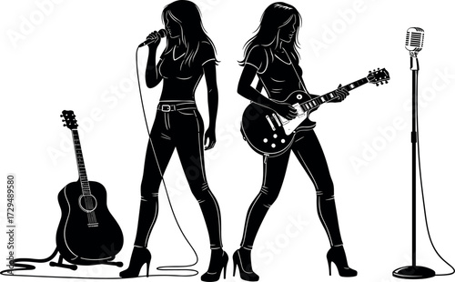 Stylish female musicians performing live with electric guitar and microphone, silhouette vector of music concert, singer and guitarist illustration
