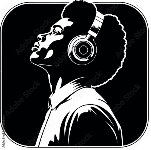 Stylized black and white profile of afro man wearing headphones, music lover silhouette, modern vector art for cultural themes