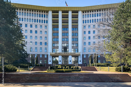 Facade of the Parliament of the Republic of Moldova building in Chisinau