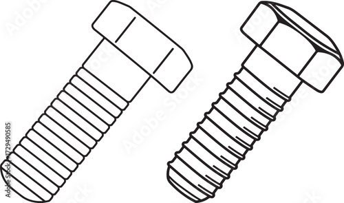 Two hand drawn bolt silhouettes with threaded shafts isolated on white background