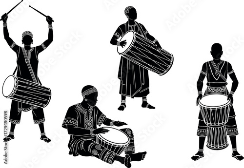 Traditional Cultural Drummers Performing with Ethnic Attire and Handcrafted Percussion Instruments in Ceremonial Dance and Music Celebration Vector Illustration