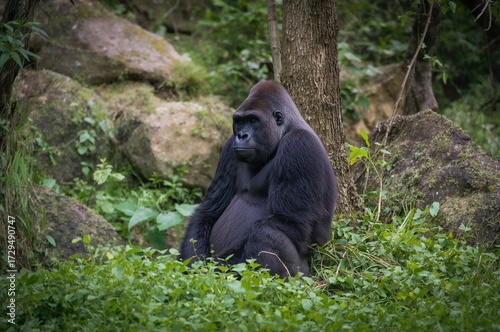 Giant ape resting beside a ...