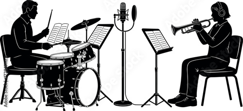 Vector illustration of jazz musicians playing drums and trumpet in studio session with sheet music, microphone, headphones, and performance setup.