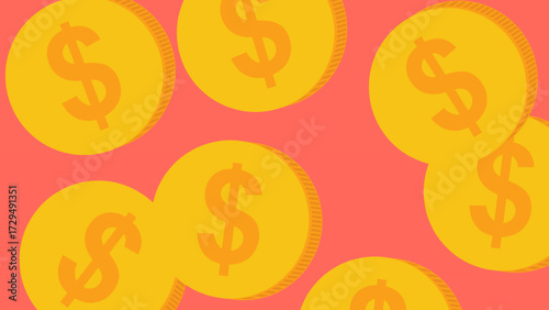 Repeating Pattern of Gold Dollar Coins on a Coral Pink Background
