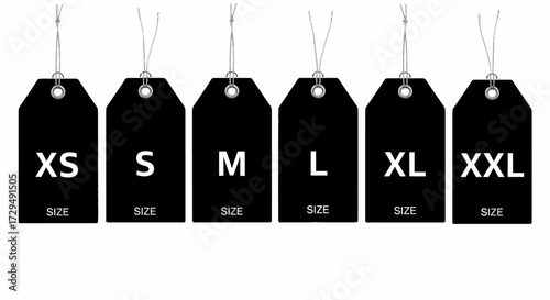 Standard Clothing Size Tags Representing Extra Small Small Medium Large Extra Large and Double Extra Large Apparel Measurements