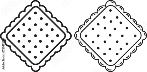 Two square crackers with scalloped edges and polka dots silhouette isolated on white background