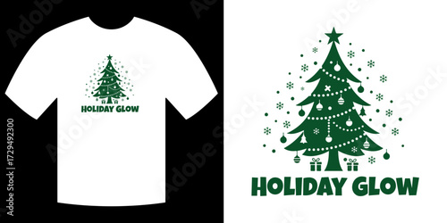 Holiday Glow T-Shirt Design: A festive green t-shirt, adorned with a vibrant Christmas tree design and the cheerful inscription HOLIDAY GLOW, radiates holiday cheer.