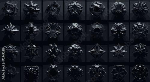 A Dark Palette Showcasing a Grid of Intricate Geometric 3D Abstract Forms and Textures With Deep Shadows And Minimalist Design