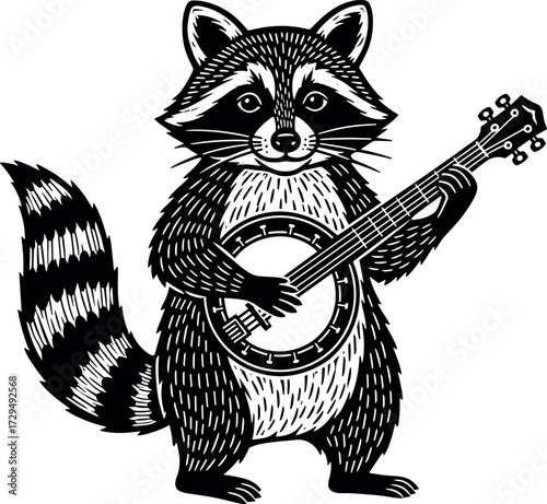Whimsical raccoon playing banjo vector illustration, black and white animal musician art, fun anthropomorphic wildlife character for creative design