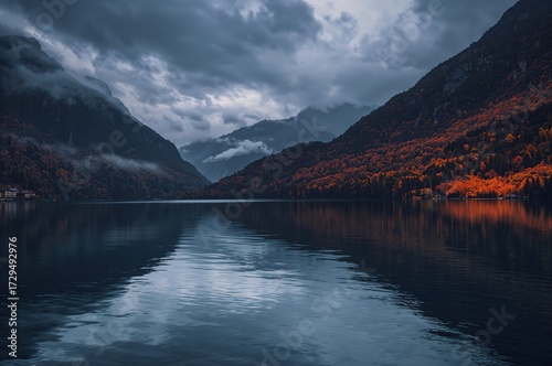Moody dawn over a lake enci...