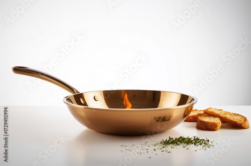 Brass skillet set against a...
