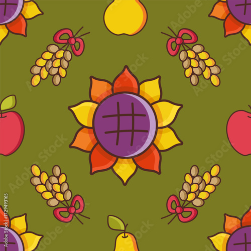 Olive Autumn Sunflower Fruit Repeating Pattern