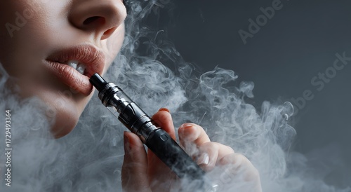 Close-up of woman  vaping with electronic cigarette, blowing thick vapor, concept of modern smoking and nicotine addiction.