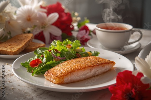 Fish fillet plated with sal...