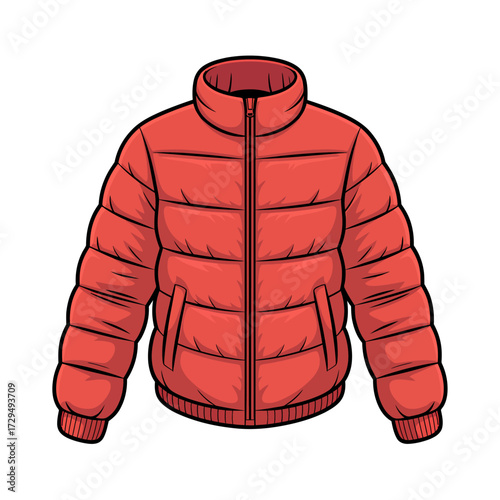 Red winter down jacket isolated on white background for cold weather
